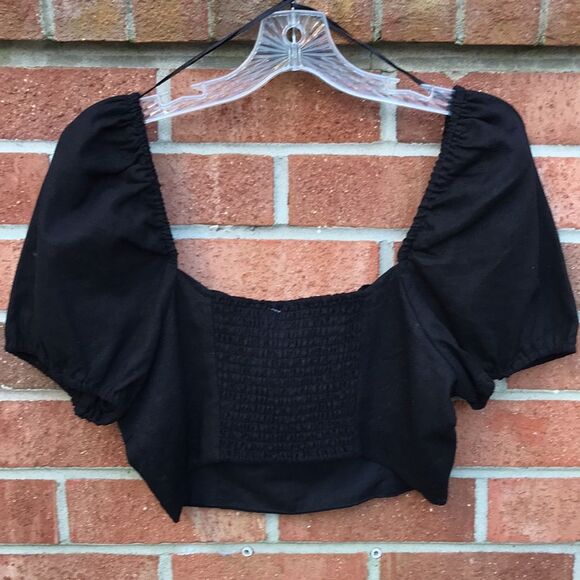House of Harlow 1960 Puff Sleeve Linen Blend Crop Top Black sz 10 NWOT - Picture 4 of 15